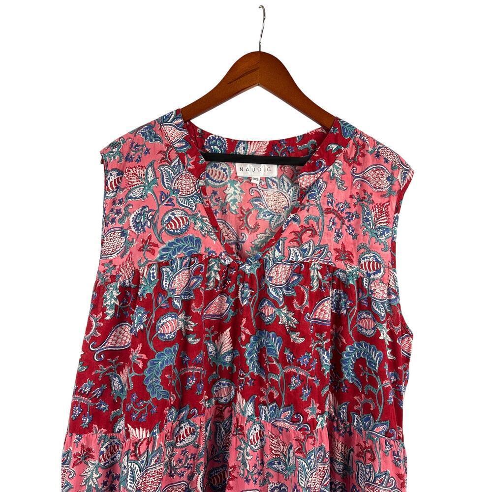 Women’s Naudic Size XXL Pink and Red Maxi Dress with Blue Paisley Design.
